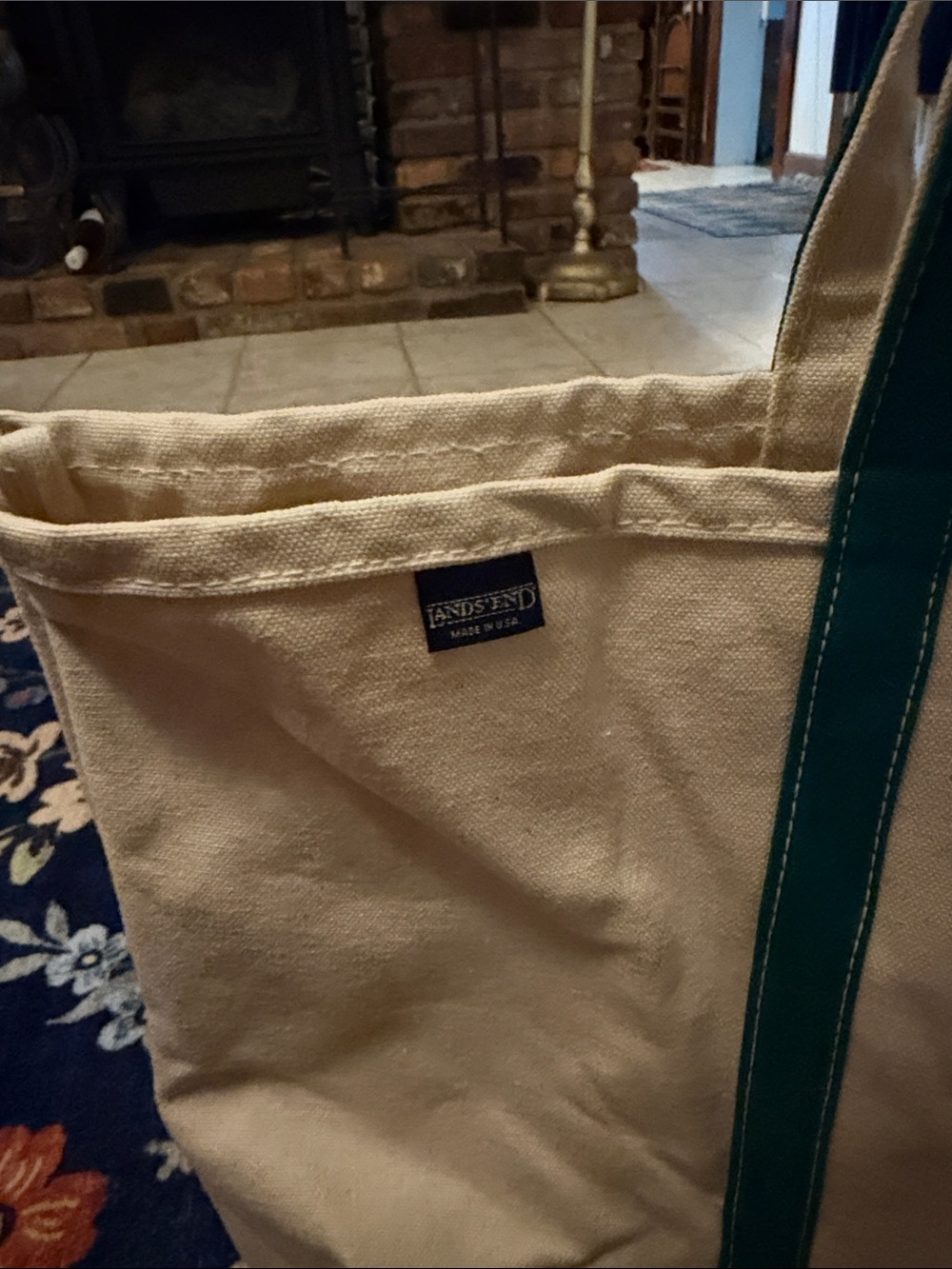 Lands' End Cream Canvas Tote with Green Trim - Picture 2 of 5
